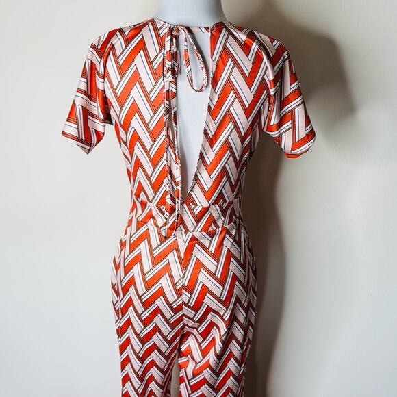 Orange and White Chevron Print 70’s Style Flare Leg Jumpsuit - Picture 10 of 10